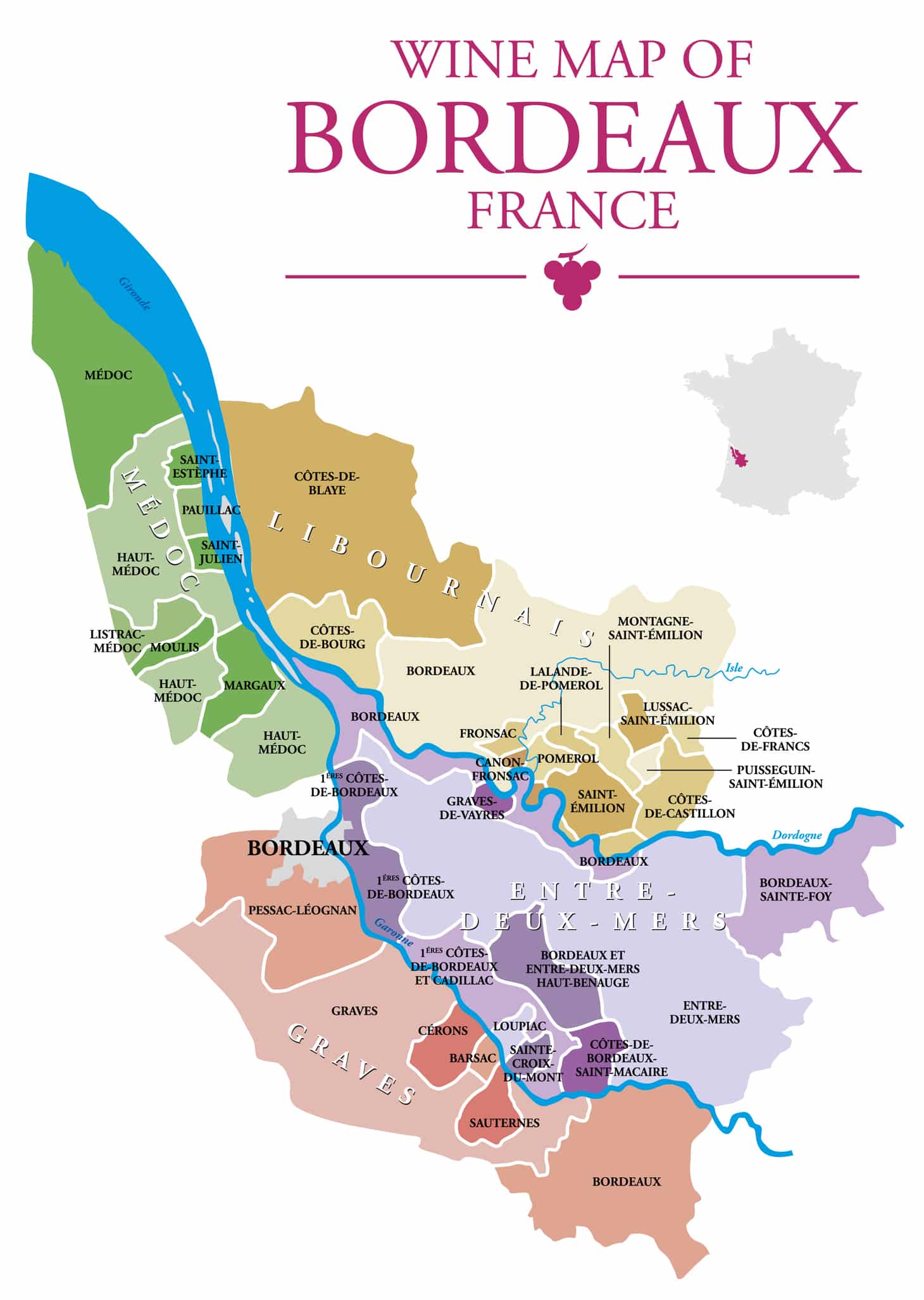 carte des vins et terroirs de Bordeaux